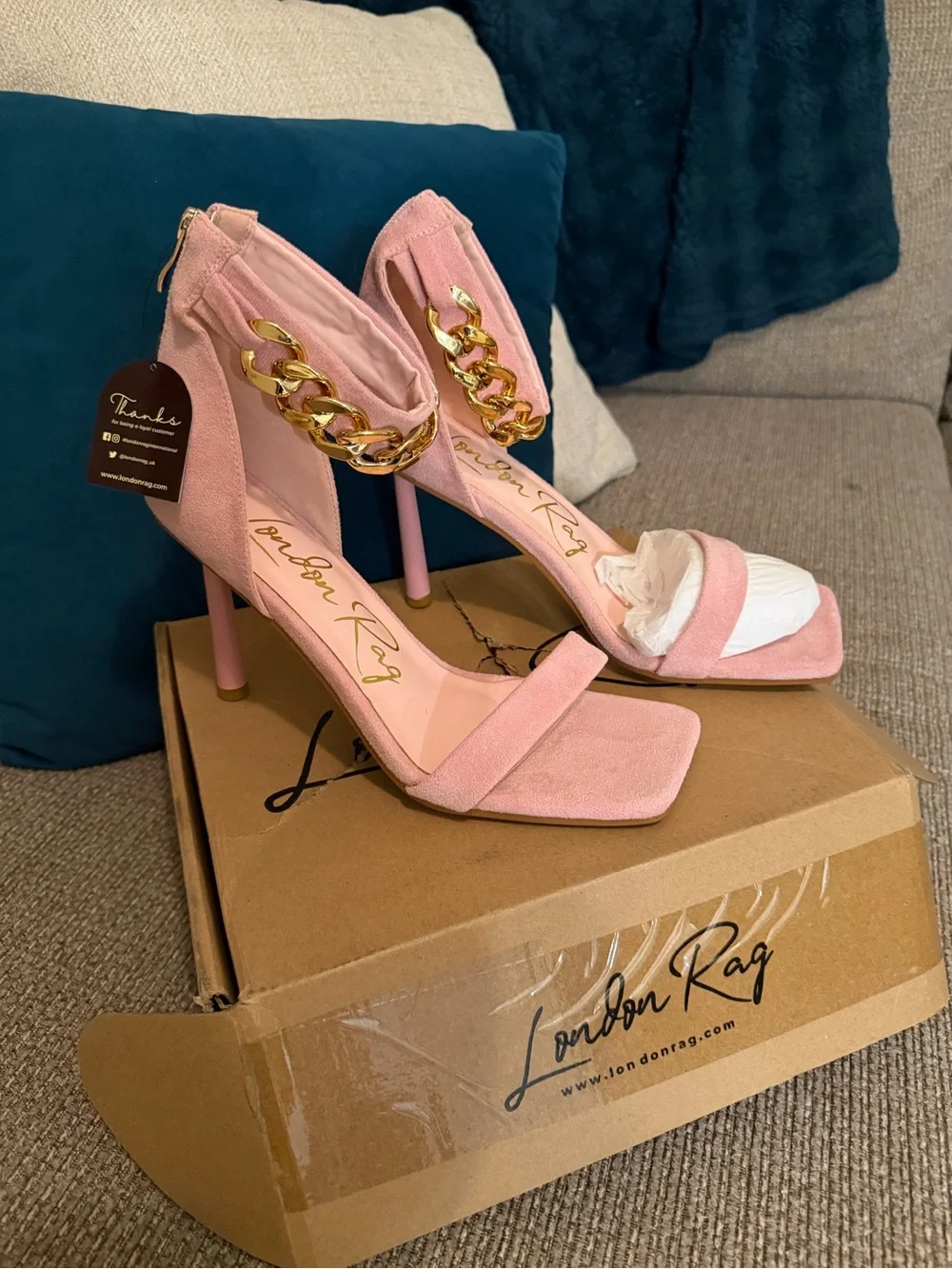 NEW! London Rag Pink Suede Heeled Sandals with Gold Chain Ankle